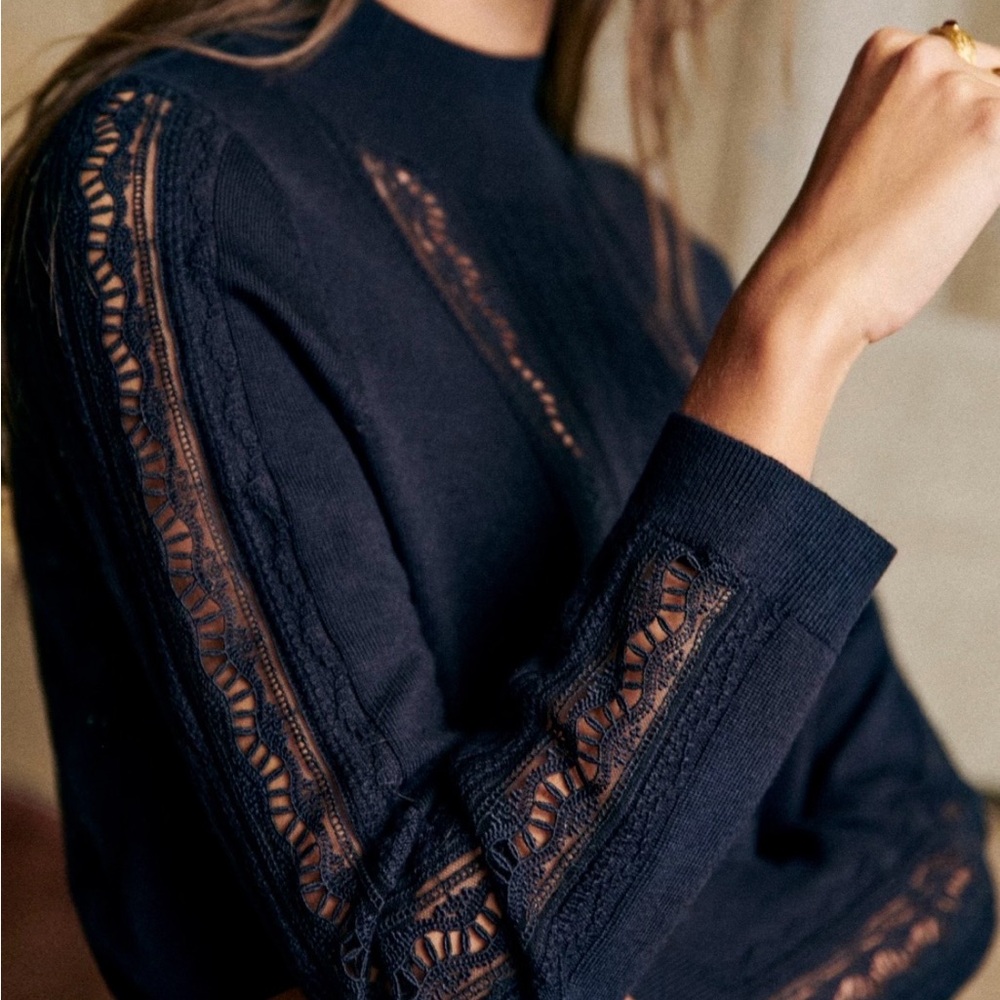 Women's Navy Lace-Trim Crewneck Sweater